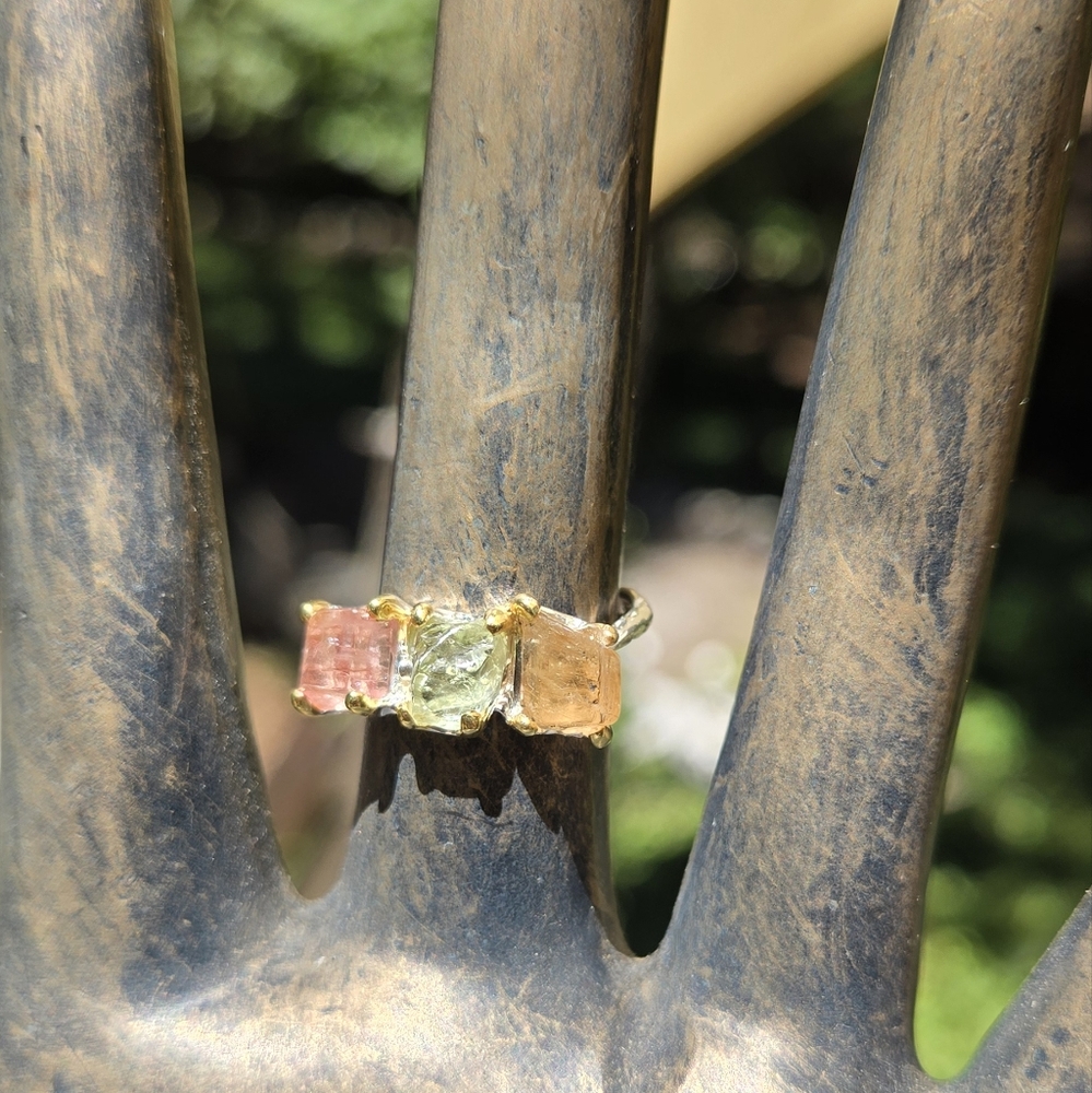 Tourmaline Tri-colored Natural Gemstone Sterling Ring Sz8 - Picture 3 of 8
